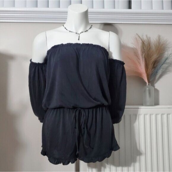 RESORT- Cloth & Stone Boho Off the Shoulder Romper Shorts with drawstring- Small - Picture 4 of 9